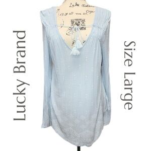 Lucky Brand - Light Blue Boho Peasant Blouse - Tassel Tie - Flowy - Size Large
